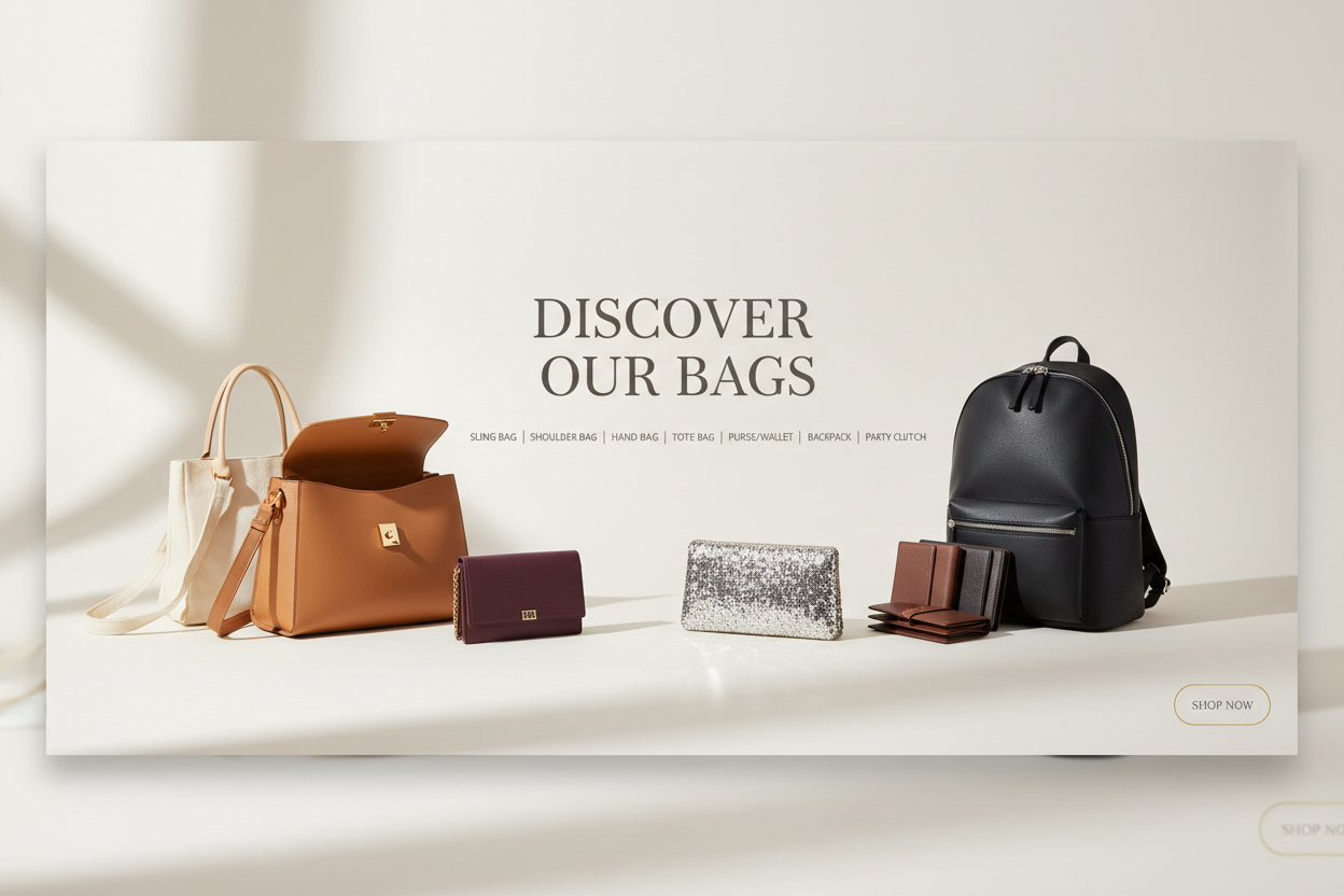 Write on the banner "Discover Our Bag" then includ all the bag catagory "Sling Bag
Shoulder Bag
Hand Bag
Tote Bag
Purse/Wallet
Bagpack
Party Clutch" create a classy slider banner with bag image like eccommers website banner